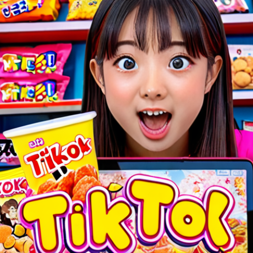 Home 11 ** A vibrant, engaging TikTok video still featuring a content creator enthusiastically teaching a Japanese phrase related to popular manga or anime. The background includes recognizable Japanese snacks and merchandise. Focus on the creator's expressive face and clear, high-quality visuals, using bright, appealing colors.
**