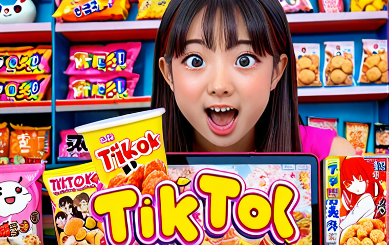 ** A vibrant, engaging TikTok video still featuring a content creator enthusiastically teaching a Japanese phrase related to popular manga or anime. The background includes recognizable Japanese snacks and merchandise. Focus on the creator's expressive face and clear, high-quality visuals, using bright, appealing colors.
**