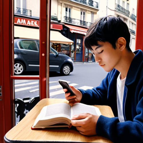 Home 6 **A student studying for the JLPT exam in a cozy Parisian cafe. Focus on the study materials (Shin Kanzen Master textbook, Anki app on a phone) and the atmosphere of a typical French cafe.**