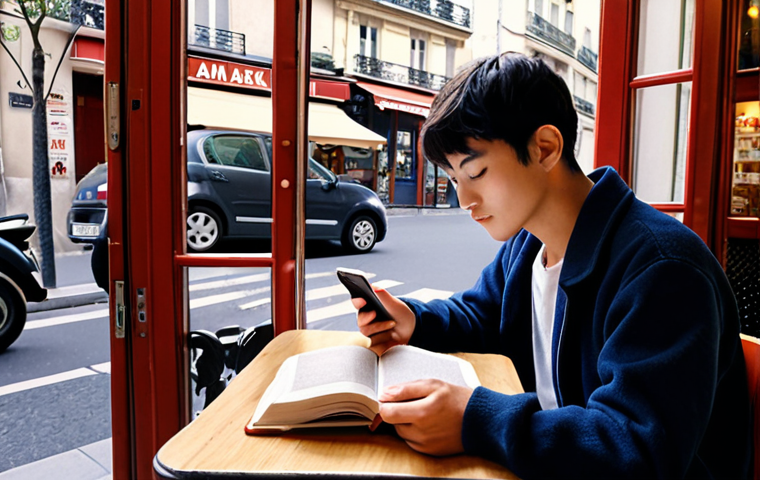 **A student studying for the JLPT exam in a cozy Parisian cafe. Focus on the study materials (Shin Kanzen Master textbook, Anki app on a phone) and the atmosphere of a typical French cafe.**
