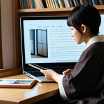 A young adult, fully clothed in modest, comfortable attire, focused on a tablet screen, watching a Japanese drama with Japanese subtitles in a cozy, well-lit living room. Japanese books are neatly stacked on a nearby bookshelf, and a Japanese-style teacup sits on a coffee table. The scene is calm and focused, illustrating a peaceful home study environment. safe for work, appropriate content, fully clothed, family-friendly, perfect anatomy, correct proportions, natural pose, well-formed hands, proper finger count, natural body proportions, professional photography, high quality.