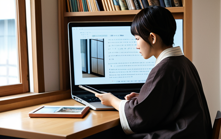 A young adult, fully clothed in modest, comfortable attire, focused on a tablet screen, watching a Japanese drama with Japanese subtitles in a cozy, well-lit living room. Japanese books are neatly stacked on a nearby bookshelf, and a Japanese-style teacup sits on a coffee table. The scene is calm and focused, illustrating a peaceful home study environment. safe for work, appropriate content, fully clothed, family-friendly, perfect anatomy, correct proportions, natural pose, well-formed hands, proper finger count, natural body proportions, professional photography, high quality.