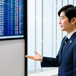 A diverse professional in a sleek, modern Japanese business suit, standing confidently in a bright, contemporary open-plan office in Tokyo. One hand gestures towards a large display screen showing abstract data visualization, while the other holds a document that subtly suggests a combination of language proficiency and technical certifications. The individual exudes competence and ambition, embodying the synergy of linguistic and specialized skills for career advancement in Japan. The office environment is clean and sophisticated, with natural light. Safe for work, appropriate content, fully clothed, professional, perfect anatomy, correct proportions, natural pose, well-formed hands, proper finger count, natural body proportions, high-quality professional photography.