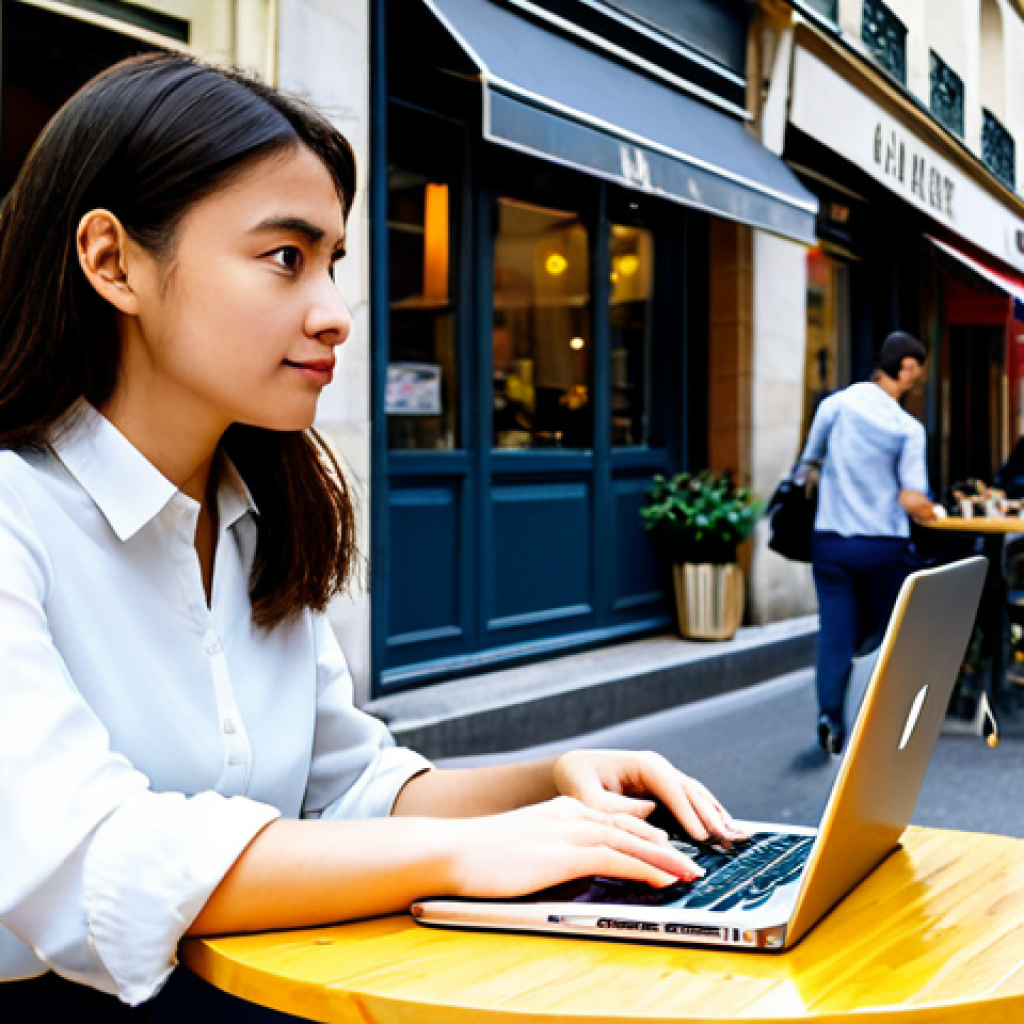 **

A young, motivated woman, fully clothed in smart-casual attire suitable for a modern office in Paris (e.g., stylish blouse and trousers, or a simple dress). She is sitting at a cafe table with a laptop and a JLPT N2 study guide, looking determined. Background is a bustling Parisian street scene with people walking by, a flower shop, and classic architecture.  The overall mood is optimistic and focused. Safe for work. Appropriate content. Perfect anatomy, correct proportions, natural pose, well-formed hands, proper finger count, natural body proportions. professional, modest, family-friendly, high quality.

**