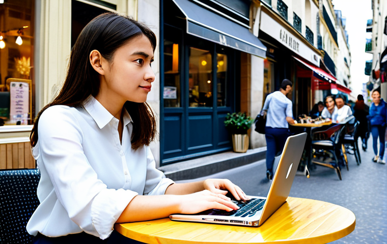 **

A young, motivated woman, fully clothed in smart-casual attire suitable for a modern office in Paris (e.g., stylish blouse and trousers, or a simple dress). She is sitting at a cafe table with a laptop and a JLPT N2 study guide, looking determined. Background is a bustling Parisian street scene with people walking by, a flower shop, and classic architecture.  The overall mood is optimistic and focused. Safe for work. Appropriate content. Perfect anatomy, correct proportions, natural pose, well-formed hands, proper finger count, natural body proportions. professional, modest, family-friendly, high quality.

**
