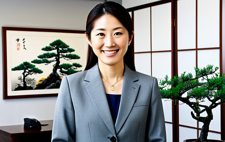 **

A professional woman in a modest business suit, standing in a modern office with Japanese artwork on the walls. She is smiling confidently. Fully clothed, appropriate attire, safe for work, perfect anatomy, natural proportions, professional, modest, family-friendly. The office includes elements of Japanese design like a bonsai tree and shoji screens. High quality, professional photography.

**