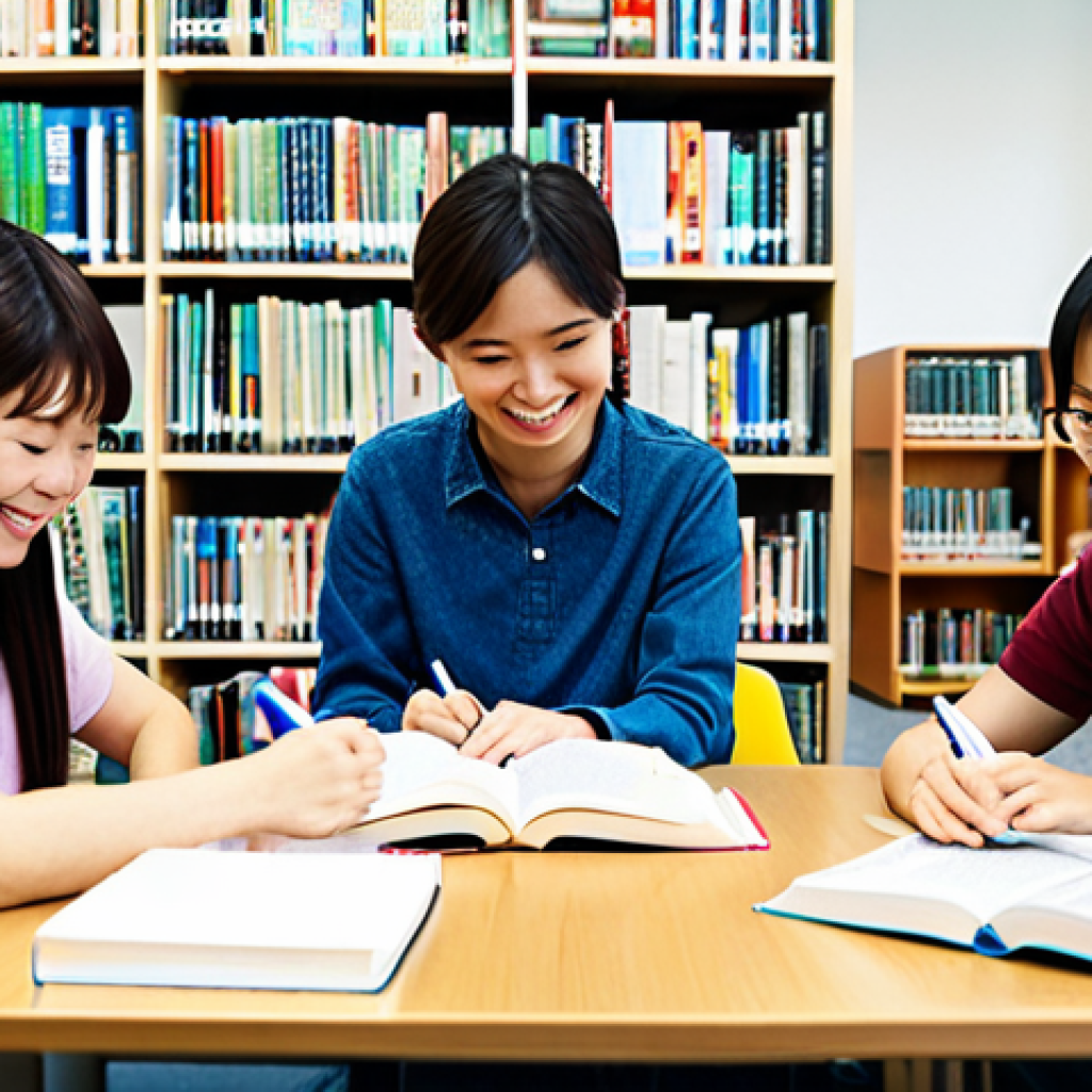 JLPT Focus**

"A diverse group of students studying Japanese together in a bright, modern library. They are fully clothed in casual and comfortable clothing. Textbooks and study materials are scattered on the table. Focus on the joy of learning. Appropriate content, safe for work, perfect anatomy, well-formed hands, family-friendly, high quality."

**
