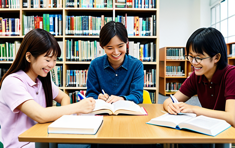 JLPT Focus**

"A diverse group of students studying Japanese together in a bright, modern library. They are fully clothed in casual and comfortable clothing. Textbooks and study materials are scattered on the table. Focus on the joy of learning. Appropriate content, safe for work, perfect anatomy, well-formed hands, family-friendly, high quality."

**