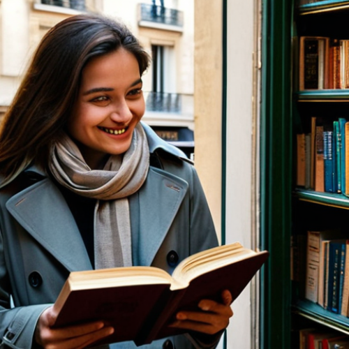 A Parisian Bookstore Scene**

"A young woman, fully clothed in a chic, modest trench coat and scarf, browses books in a charming Parisian bookstore. Warm lighting, shelves overflowing with books, appropriate attire, safe for work, perfect anatomy, natural pose, professional photography, high quality, family-friendly. The woman is smiling softly, holding a book with a French title. Parisian architecture visible through the window in the background."

**