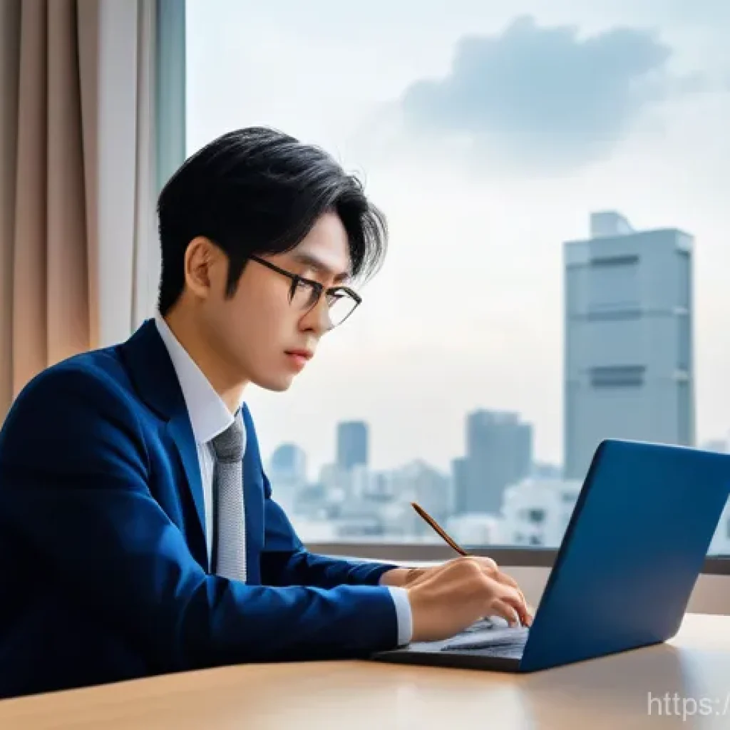 JLPT와 일본 내 직무와의 연계성 - A diligent young professional, dressed in smart business casual attire, is seated at a modern desk, ...