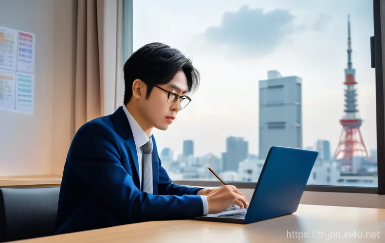 JLPT와 일본 내 직무와의 연계성 - A diligent young professional, dressed in smart business casual attire, is seated at a modern desk, ...