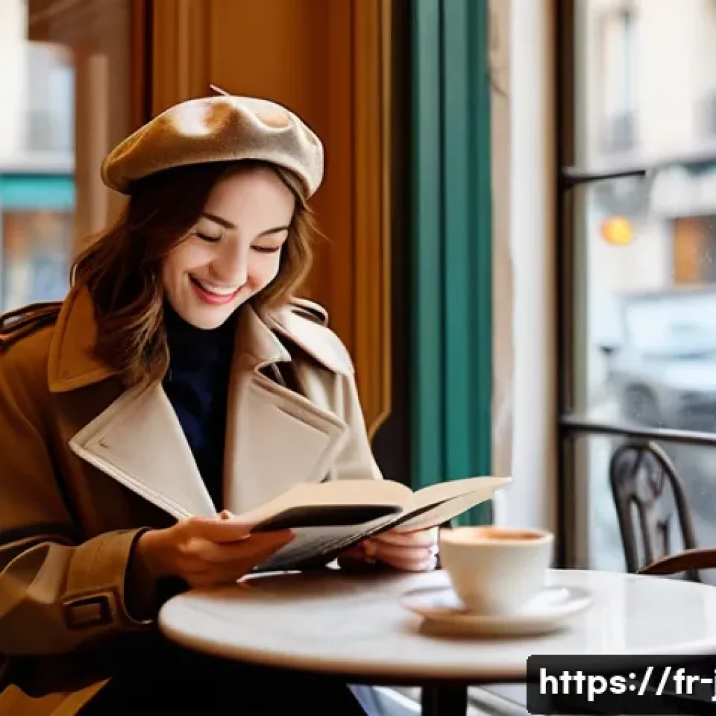 JLPT와 일본어 시험 전문학원 선택법 - **A cozy Parisian café scene on a rainy afternoon.** A young woman with warm brown hair, wearing a s...