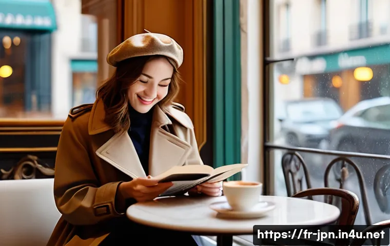 JLPT와 일본어 시험 전문학원 선택법 - **A cozy Parisian caf&eacute; scene on a rainy afternoon.** A young woman with warm brown hair, wearing a s...