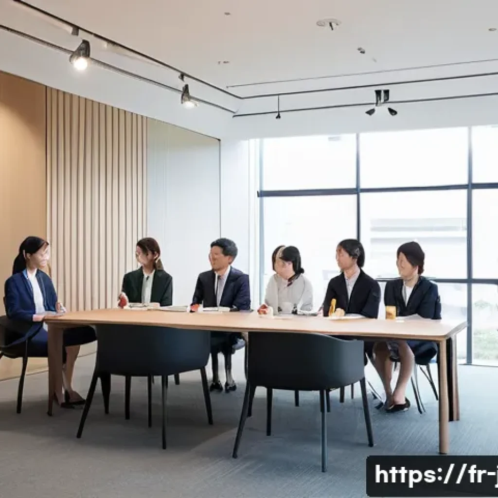 JLPT와 일본어 비즈니스 소통 사례 - A professional Japanese business meeting scene inside a modern office, featuring diverse Japanese co...