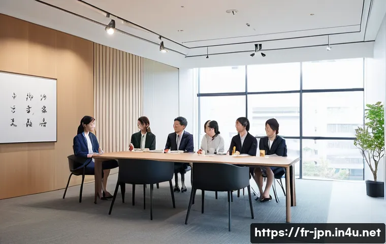JLPT와 일본어 비즈니스 소통 사례 - A professional Japanese business meeting scene inside a modern office, featuring diverse Japanese co...