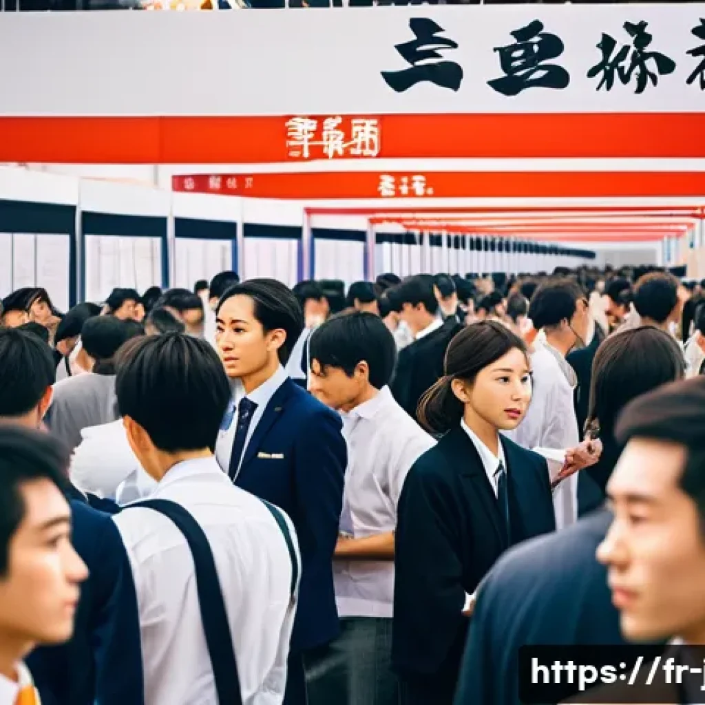 JLPT 자격증 활용 글로벌 네트워크 구축 - A professional international job fair scene focused on Japanese language certification, showing dive...