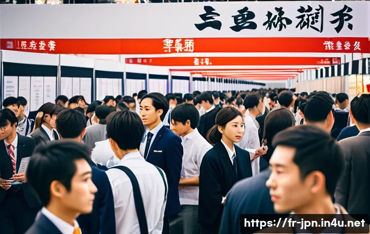 JLPT 자격증 활용 글로벌 네트워크 구축 - A professional international job fair scene focused on Japanese language certification, showing dive...