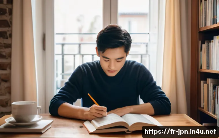 JLPT와 일본어 시험의 중급 학습법 - A cozy study scene in a modern French apartment, showing a young adult casually seated at a wooden d...