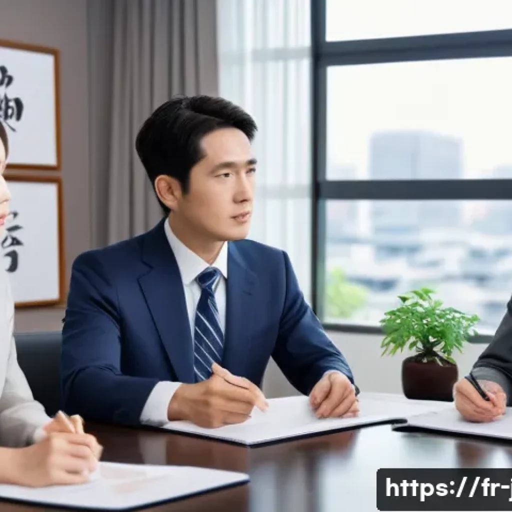 JLPT와 일본 내 자격증과의 연계성 - A professional Japanese office scene featuring a diverse group of foreign employees engaged in a bus...