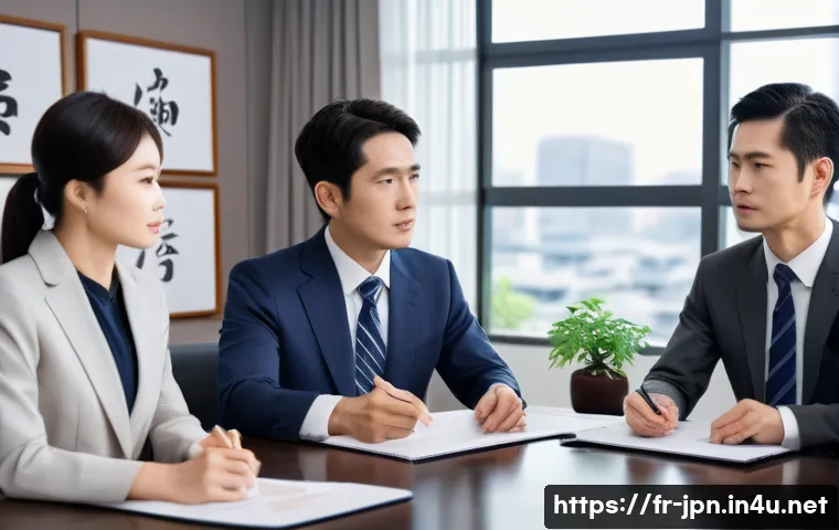 JLPT와 일본 내 자격증과의 연계성 - A professional Japanese office scene featuring a diverse group of foreign employees engaged in a bus...
