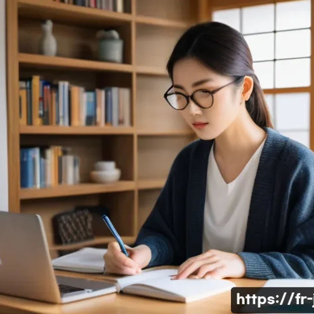 JLPT와 일본어 면접 준비 팁 - A focused young adult student studying Japanese at a cozy, modern home desk with a laptop displaying...