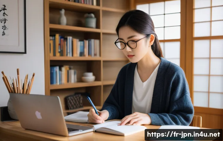JLPT와 일본어 면접 준비 팁 - A focused young adult student studying Japanese at a cozy, modern home desk with a laptop displaying...