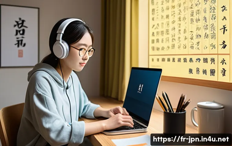 JLPT와 일본어 시험 응시자 성공 스토리 - A focused young adult studying Japanese at a cozy, well-lit desk in a modern apartment, surrounded b...