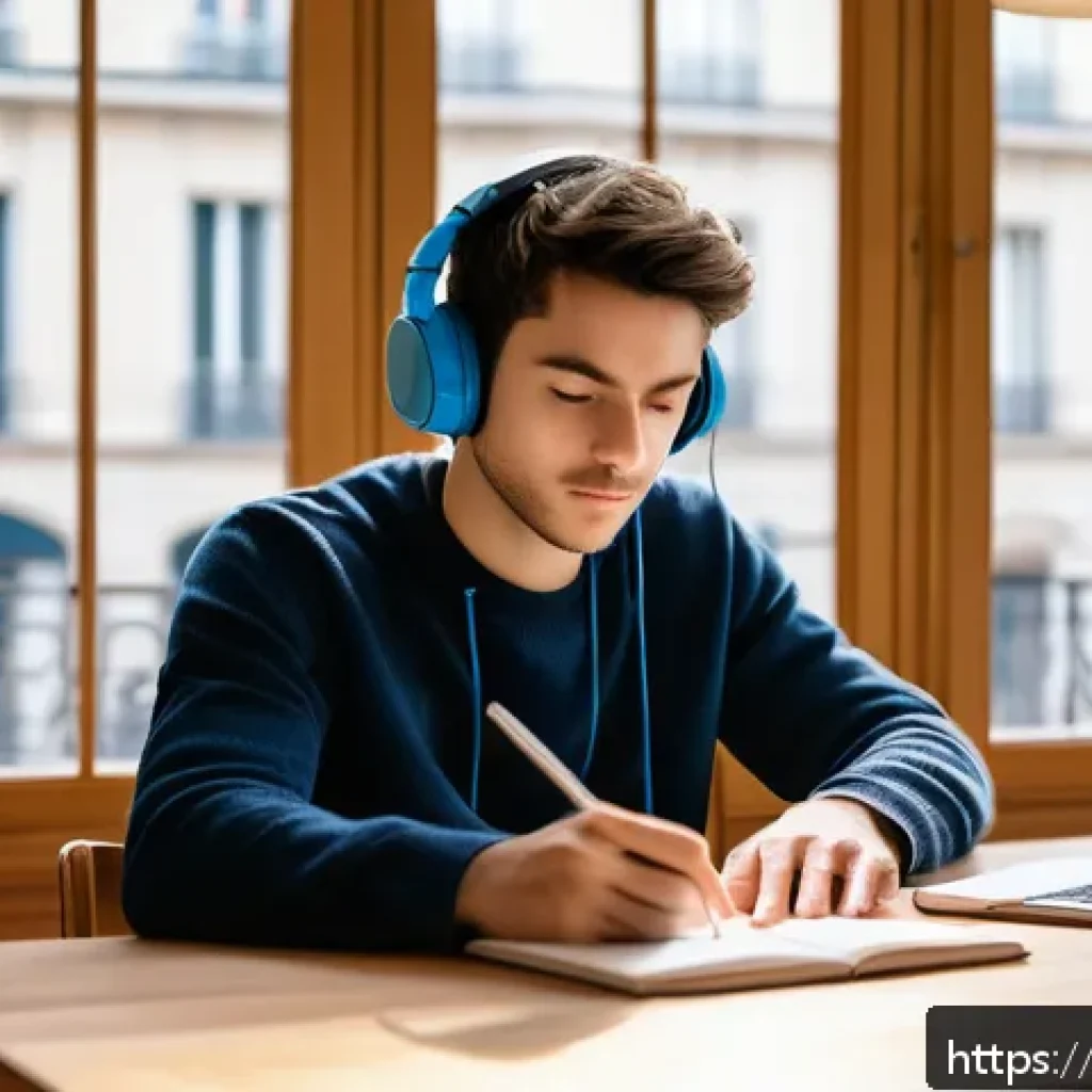 JLPT와 일본어 능력 평가 실기 시험 - A focused young French adult sitting at a cozy wooden desk in a bright Parisian apartment, actively ...