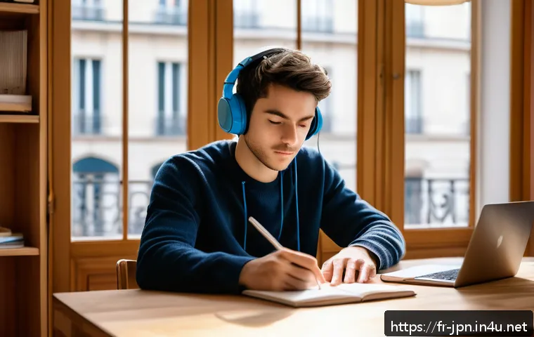 JLPT와 일본어 능력 평가 실기 시험 - A focused young French adult sitting at a cozy wooden desk in a bright Parisian apartment, actively ...