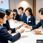 Home 22 JLPT와 일본 취업 박람회 참여 사례 - A professional French-Japanese business networking event scene showing diverse attendees in formal b...