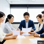 Home 20 JLPT와 일본 내 직업군별 고용 기회 - A professional Japanese office scene showing a diverse group of employees collaborating in a modern ...