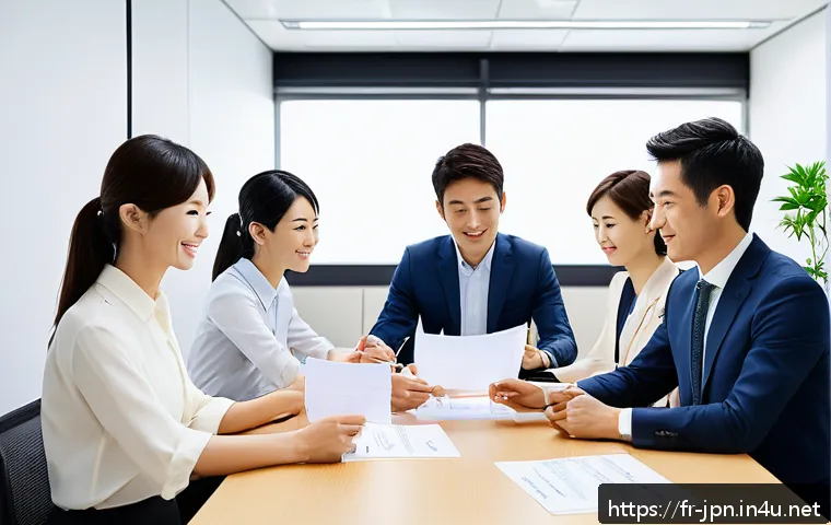 JLPT와 일본 내 직업군별 고용 기회 - A professional Japanese office scene showing a diverse group of employees collaborating in a modern ...