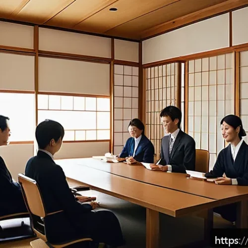 Home 30 JLPT와 비즈니스 일본어 차이점 - A professional Japanese business meeting scene in a modern Tokyo office, featuring diverse business ...