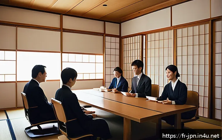 JLPT와 비즈니스 일본어 차이점 - A professional Japanese business meeting scene in a modern Tokyo office, featuring diverse business ...