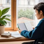Home 23 JLPT N3 초보자를 위한 공부 로드맵 - A cozy, modern study corner bathed in soft morning light, featuring a young French adult studying Ja...
