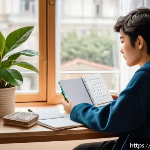 Home 17 JLPT N3 초보자를 위한 공부 로드맵 - A cozy, modern study corner bathed in soft morning light, featuring a young French adult studying Ja...