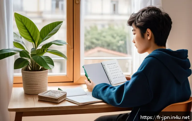 JLPT N3 초보자를 위한 공부 로드맵 - A cozy, modern study corner bathed in soft morning light, featuring a young French adult studying Ja...