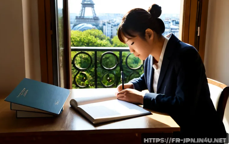 JLPT와 일본 내 자격증과의 연계성 연구 - Photorealistic French adult learner studying Japanese language certification alongside professional ...