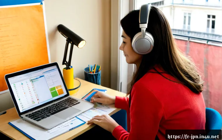 JLPT 시험 후 공부 방향 설정 - Photorealistic French adult learner at a bright Paris apartment desk after a Japanese language profi...
