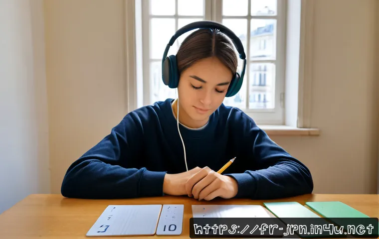 JLPT와 실무 일본어 어떻게 다른가 - Photorealistic split-scene comparison: a French university student at a tidy Paris apartment desk pr...