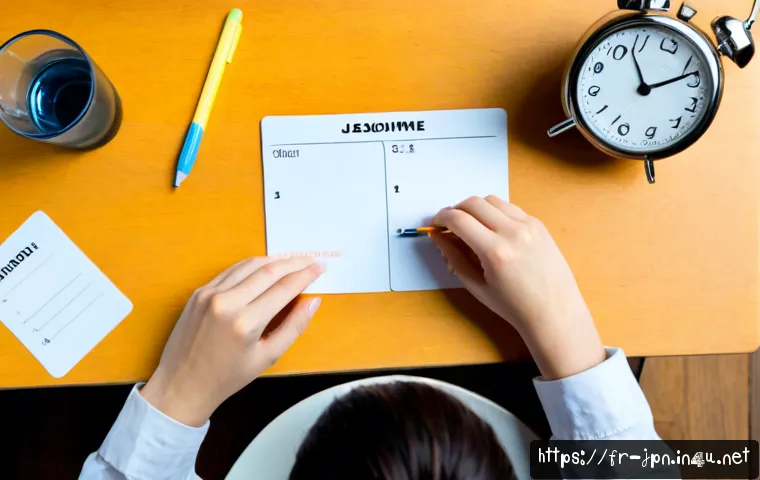 JLPT 시험에서 고득점 받는 시간 관리법 - Photorealistic overhead view of a focused French university student preparing for a Japanese languag...