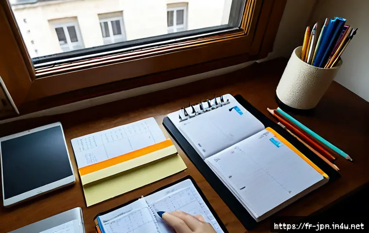 Home 17 JLPT 시험 공부 커리큘럼 작성법 - Photorealistic overhead view of a French university student creating a Japanese language exam study ...